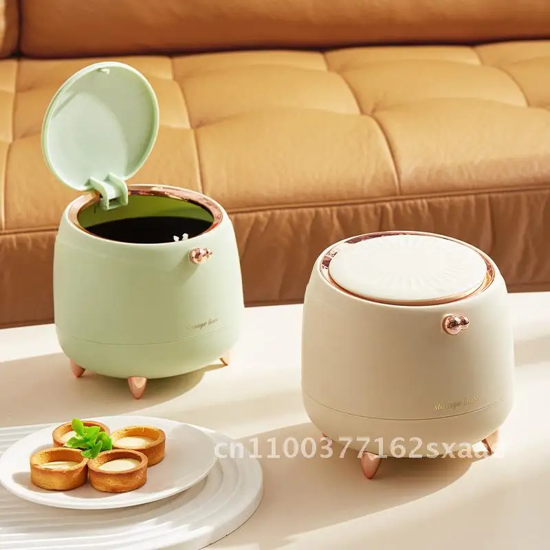 

Mini Cream Style Desktop Trash Can High-Looking Ins Press-Type Table Lid Small Size Storage Bin Dark Green Light Green Milk