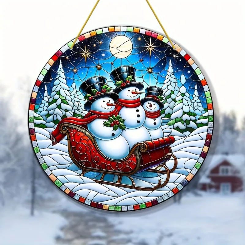 Christmas Snowman Pattern Suncatcher Round Dyed Acrylic Wall Art Window Hanging for Christmas Porch Garden Home Decor  Gifts