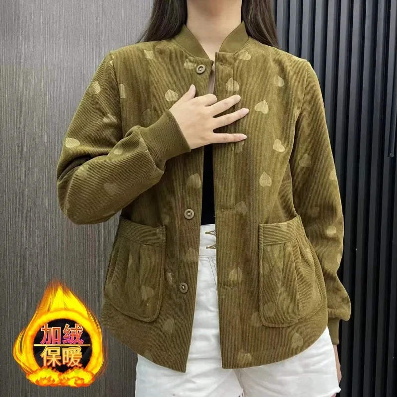 Women's Autumn Winter Fleece Lining Coat Cotton Jacket Elderly Fleece Thicken Casual Fashion Advanced Soft Niche Versatile