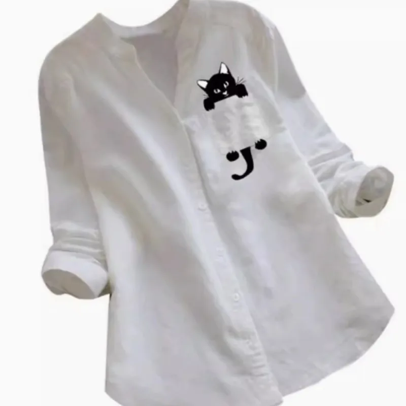 2025 Summer Womens New Arrival Buttons Blouse Tops Solid Color Cute Cat Print Blouses Casual Loose Long Sleeve Shirt Streetwear