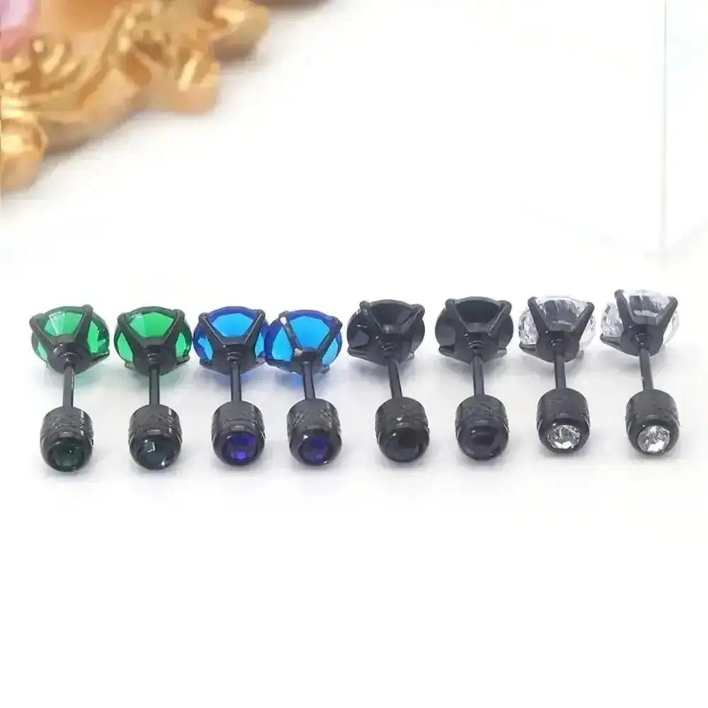 4 Pairs of Black 6MM Stud Earrings Featuring Stylish Design with 4 Colors of Cubic Zirconia Studs Textured Pillar Threaded Back