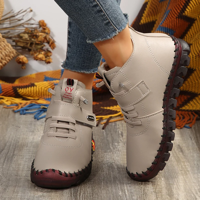 Pu Leather Ankle Boots Women Autumn Winter Non-Slip Warm Short Boots Woman Hook Loop Flat Heel Platform Booties De Mujer 2024