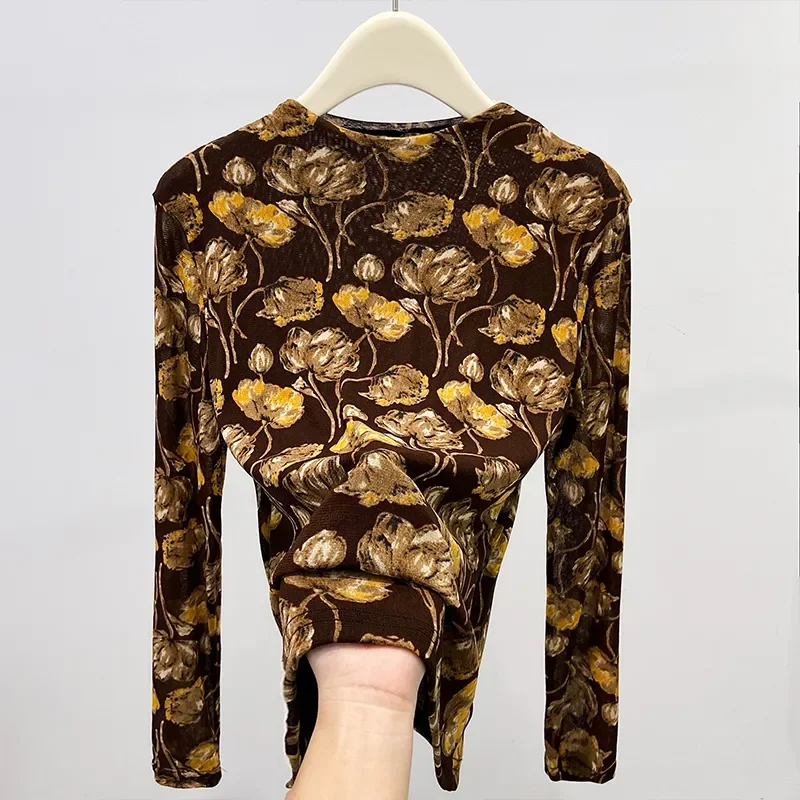 

Noble Autumn Floral Print Long-sleeved Mesh Bottoming Shirt