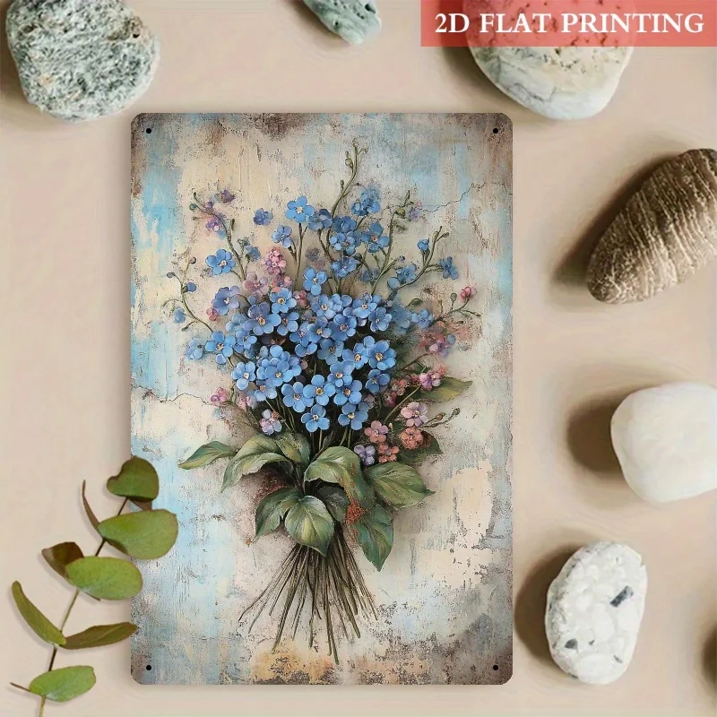 Vintage Forget Me Not Flower Metal Wall Art – Rustic Blue Floral Tin Sign for Bedroom, Living Room or Cafe Decor, 8x12 In Plaque