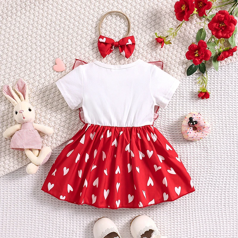 

Newborn Baby Girl Valentine s Day 2 Piece Outfits Heart Print Bunny Patchwork Short Sleeve Romper Dress with Headband Set