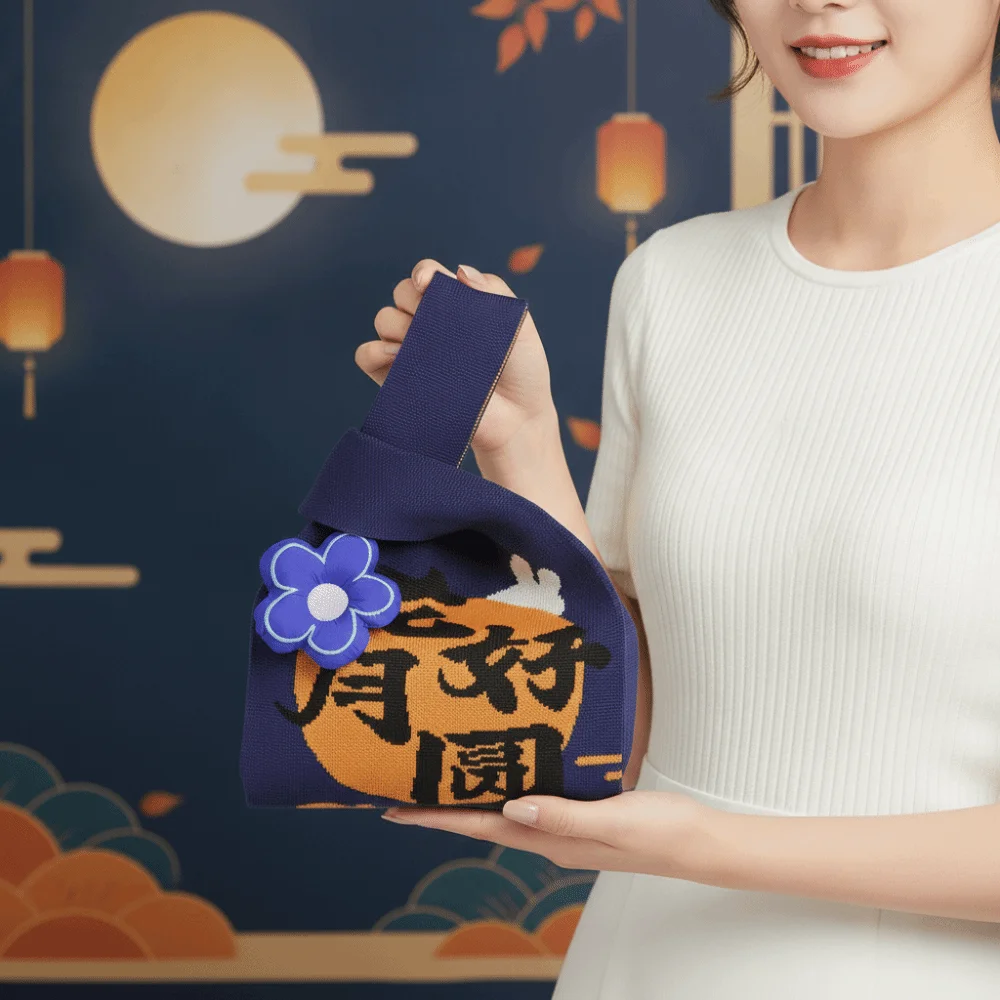 Knit Fabric Knit Wrist Bag Thick Woven Double Sided Woven Tote Purse Mini Size Lightweight Flower Charm Handbag Guest Welcome