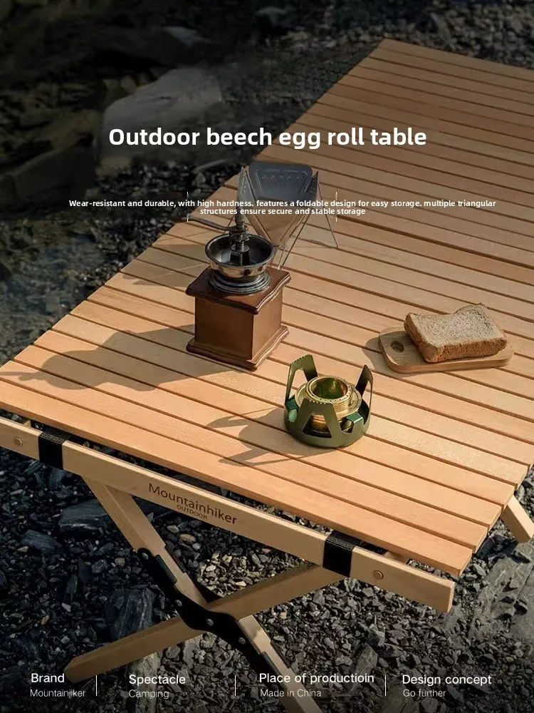 Portable Foldable Beech Wood Egg Roll Top Table Outdoor Camping Picnic Solid Wood Desk