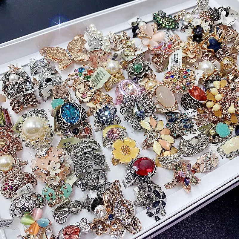 10/30 unids/lote, venta al por mayor, anillos de dedo de flor de ópalo esmaltado grande exagerados para mujer, regalos de joyería hueca de cristal de perla ancha para Cosplay