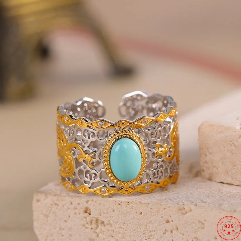 

S925 Sterling Silver Rings for Women Gilded Contrast Color Hollow Pattern Inlaid Turquoise Fashionable Luxury Jewelry Wholesale
