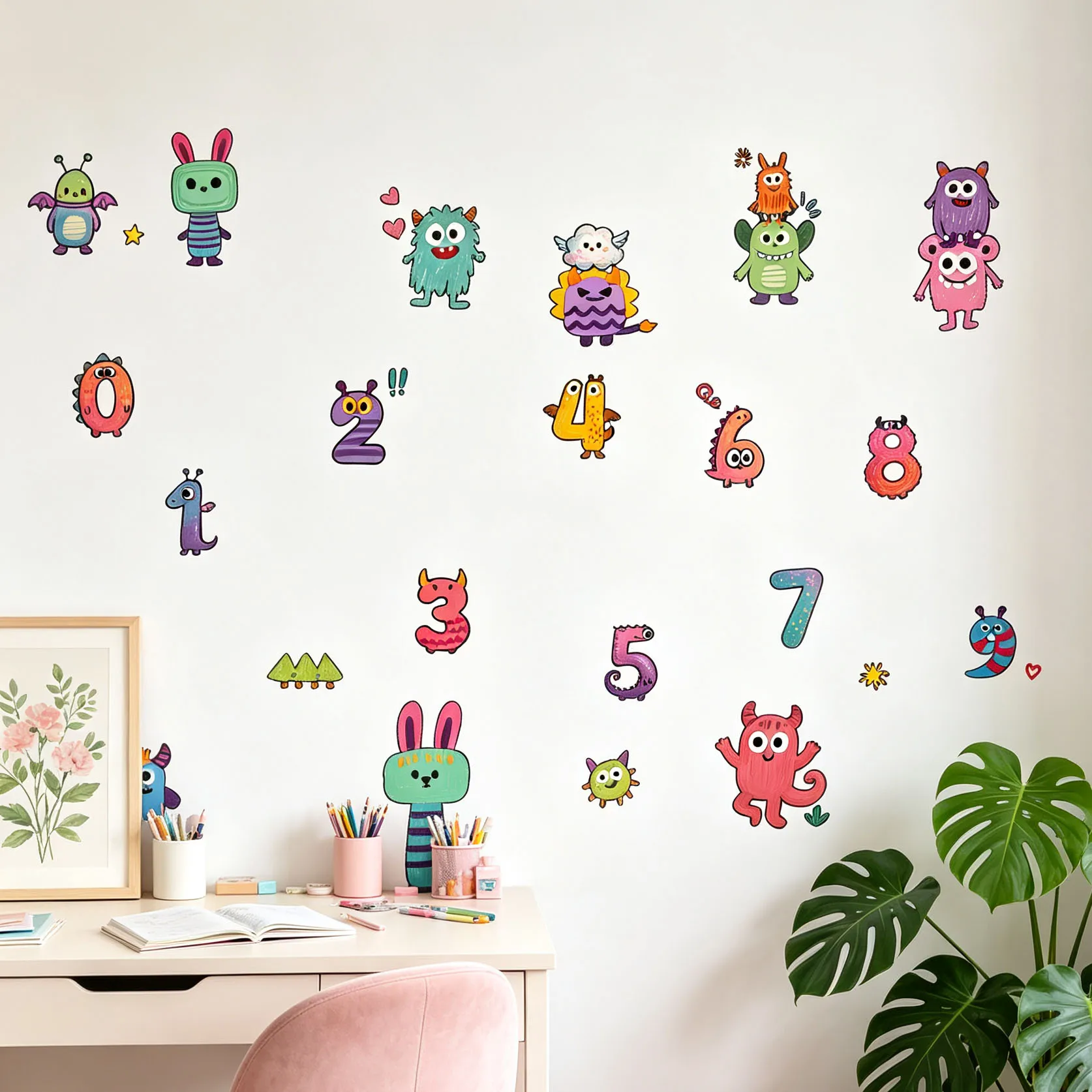 Cute Monster Number Wall Stickers 0-9 Cartoon Little Monster Educational Counting Wall Decals Removable Kids Nursery Playroom De