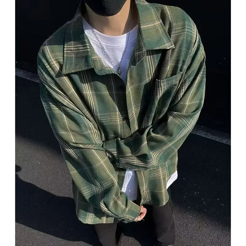 Brushed Plaid Long Sleeve Mens Shirt Autumn New Style Color Block Loose Versatile Fashion Casual Couple Cool Handsome Top
