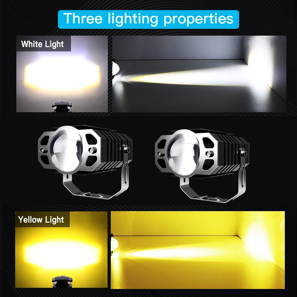 Motorcycle waterproof external white and yellow dual color headlights, locomotive spotlights, LED motor headlights