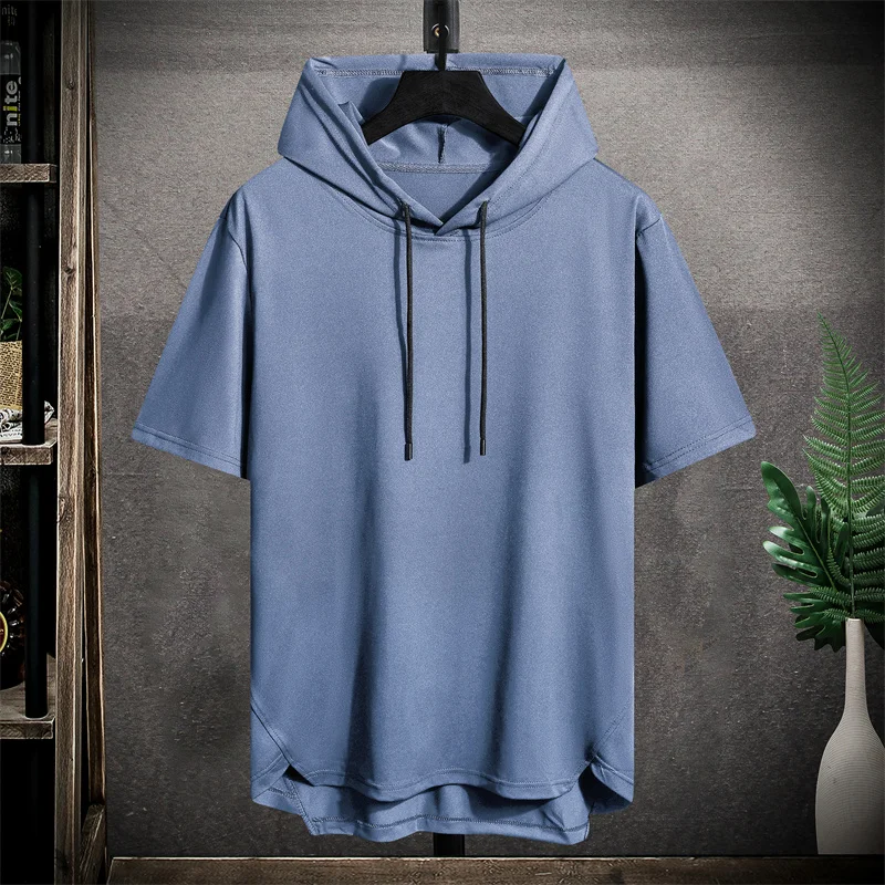 Men's sports short sleeved T-shirt hooded style trendy and fashionable thin style breathable loose outdoor running casual top image 6