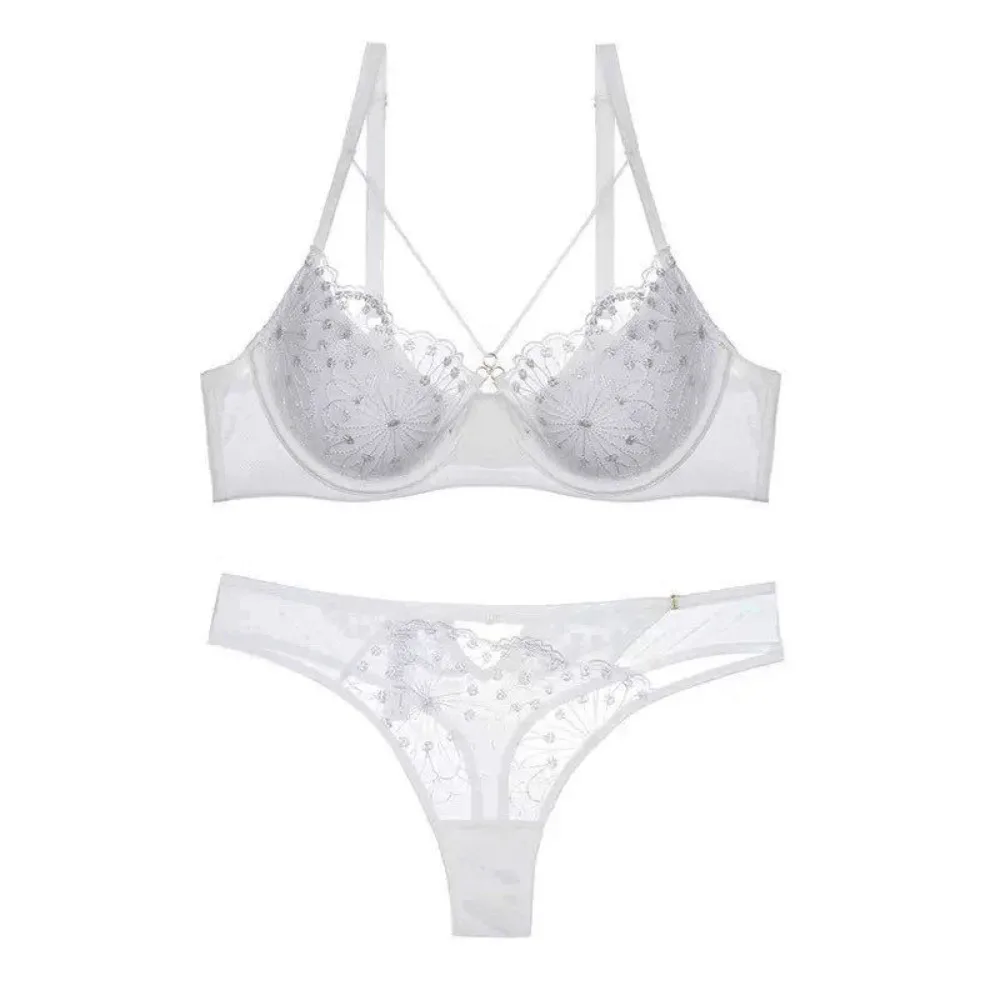 Ladies French Lace Lingerie 2Pcs Set, Summer Thin Cup Bra, Lift & Gather Large Breast, Elegant Sheer Lace Bra & Panties,  34-40