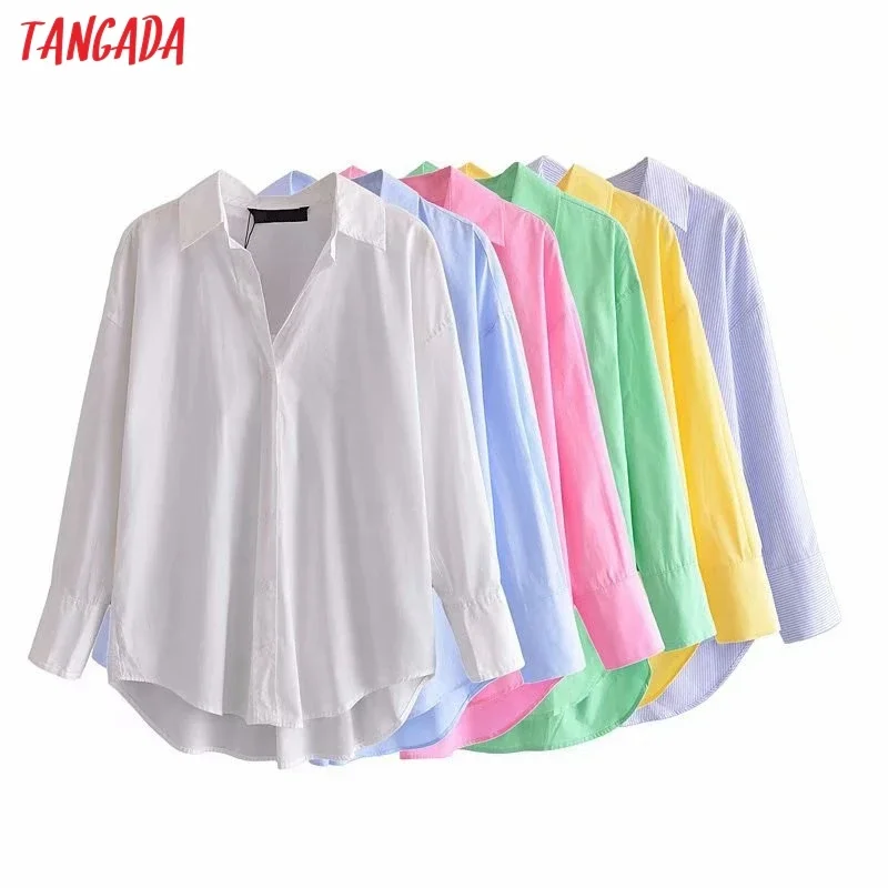 Tangada Frauen Grundlegende Candy Farbe Shirts Langarm Solide Drehen Unten Kragen Elegante Büro Damen Arbeiten Tragen Blusen 3H569