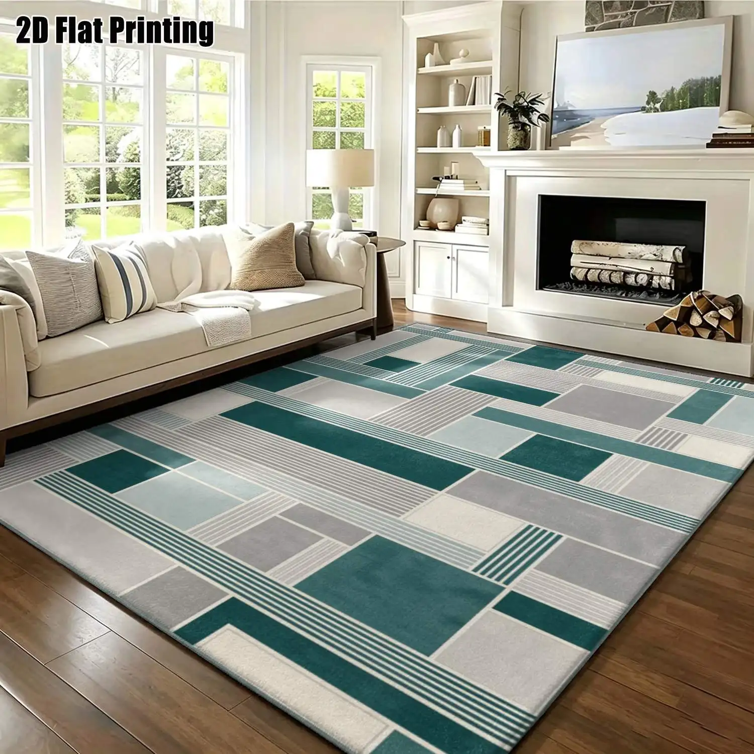 1Pc 2D Printed Blue-Grey Geometric Striped Nordic Modern Minimalist Carpet for Home Decor, Multi-Size, Machine Washable, Suitable for Entrance, Dining Room, Foyer, Bedroom, Living Room