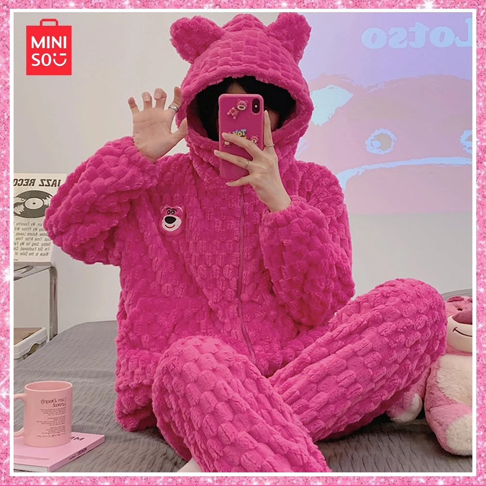 2023 Miniso Lotso New Fall Coral Velvet Cartoon Cute Sweet Pajamas with Thick Home Wear Two-Piece Rose Red Christmas Girl Gift