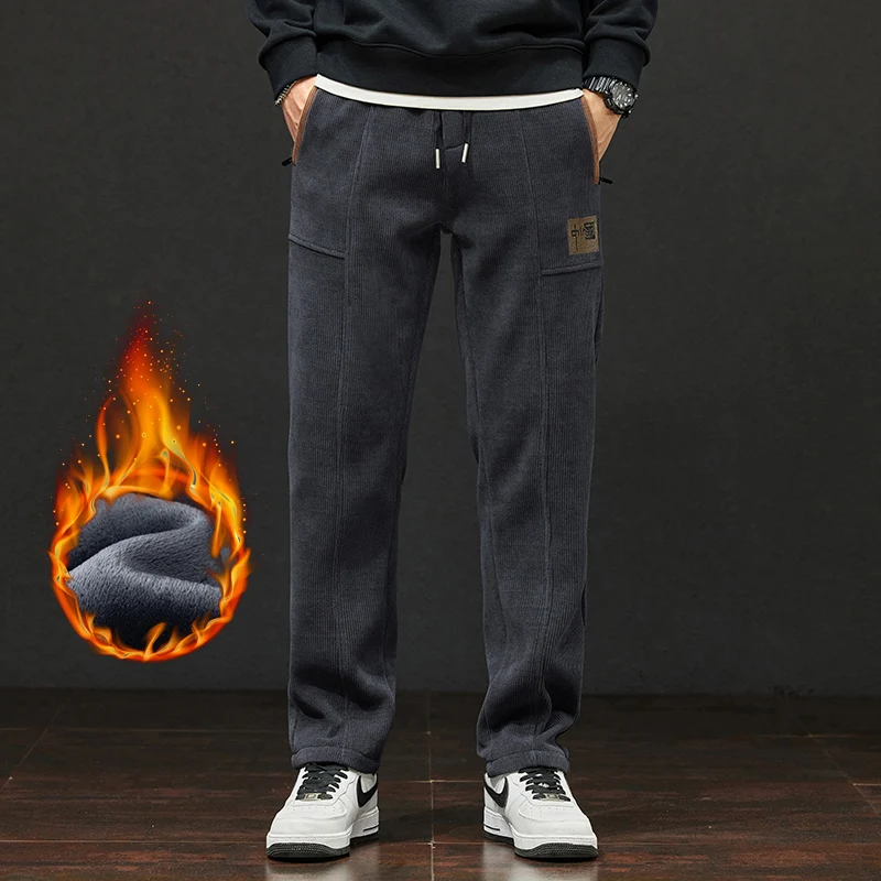 

Флисовые толстые зимние мужские повседневные спортивные штаны с вышивкой, вельветовые прямые мужские теплые брюки, свободные бархатные брюки с подкладкой для улицы