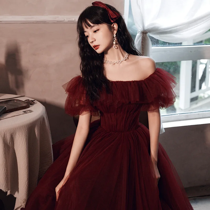 Burgundy Prom Dress Mesh Pleated Off Shoulder Bubble Sleeve Banquet Gown Classic Tulle Lace Up Slim Long Cocktail Party Vestidos