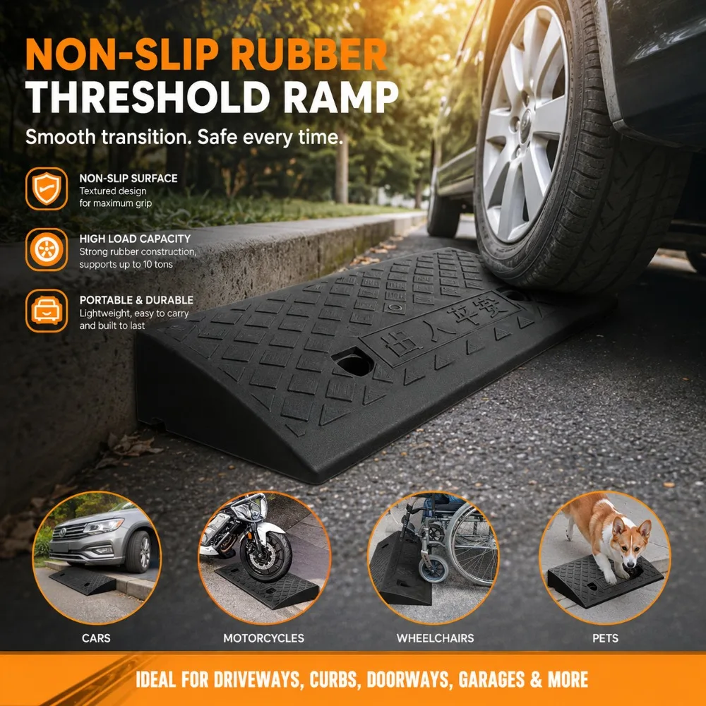 Non-Slip Rubber Threshold Ramp 3-10cm Portable Driveway Curb Ramp for Cars Motorcycles Wheelchairs Scooters Pets Home Access