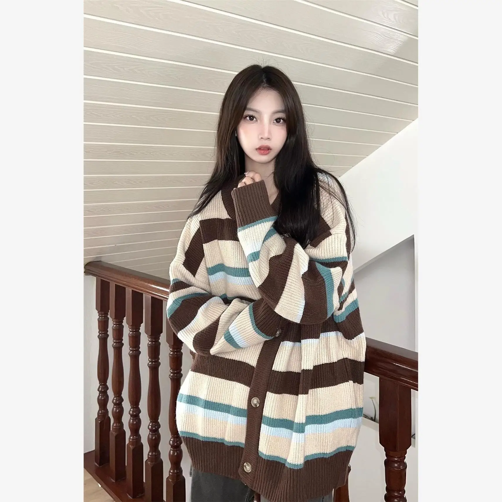 

Retro Striped Sweater Cardigan Women's Loose Lazy Sle Korean System Autumn Winter New Model Knitted Top Trendy Ci Walk