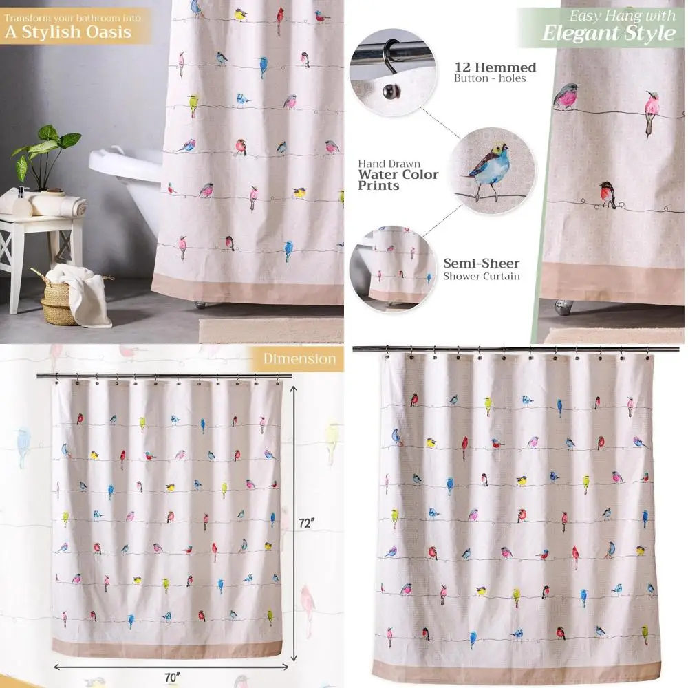 

Cotton Shower Curtain 70x72 - Washable, 12 Button Holes, Ideal for Home, Hotel, Spa (Birdies on Wire Design)