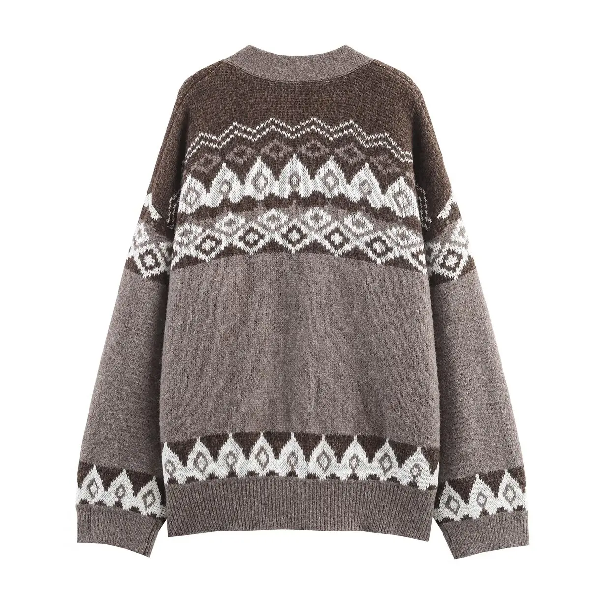 2025, neue Damenbekleidung, europäischer und amerikanischer Stil, modische Jacquard-Strickjacke mit V-Ausschnitt, gebürstetem Farbeffekt