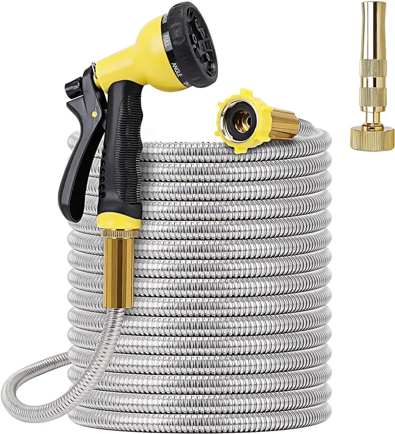 

FOXEASE Metal Garden Hose 100FT - Stainless Steel Heavy Duty Water Hose with Solid Metal Nozzle & 8 Function Sprayer Portable