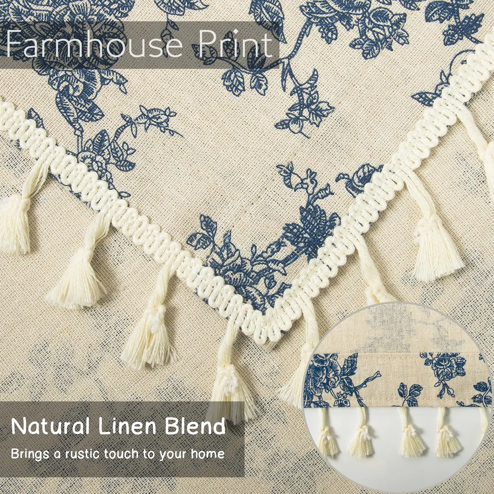 Floral Cotton Linen Curtains, Vintage Farmhouse Floral Patterned Country Curtains, Rod Pocket, Living Room Curtains with Tassel