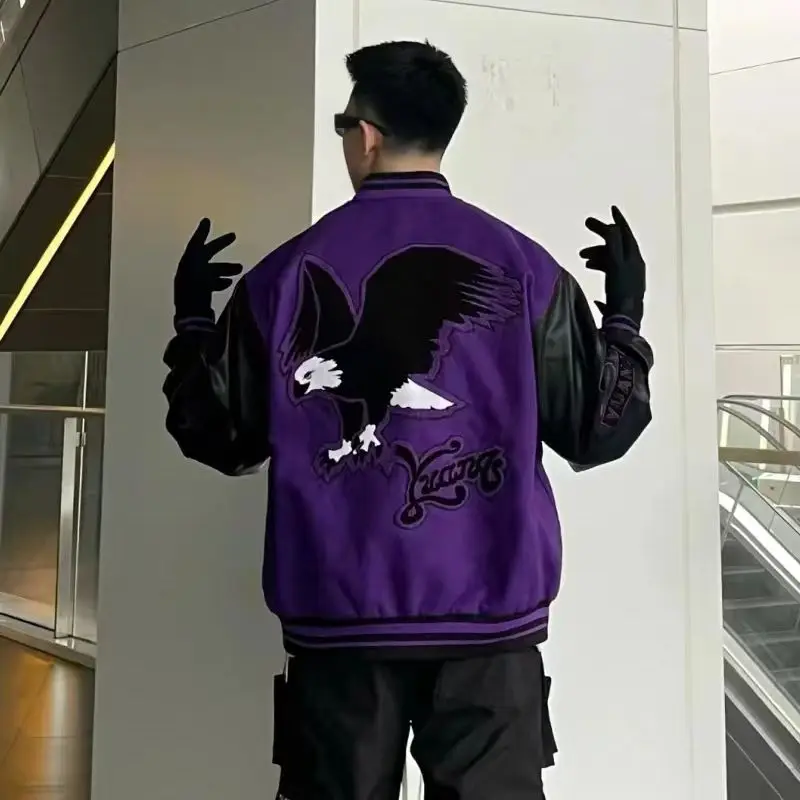 

VIntage Varsity Jacket Men Purple Baseball Jackets Embroidery PU Faux Leather Sleeves Spring Autumn Women Bomber Coat