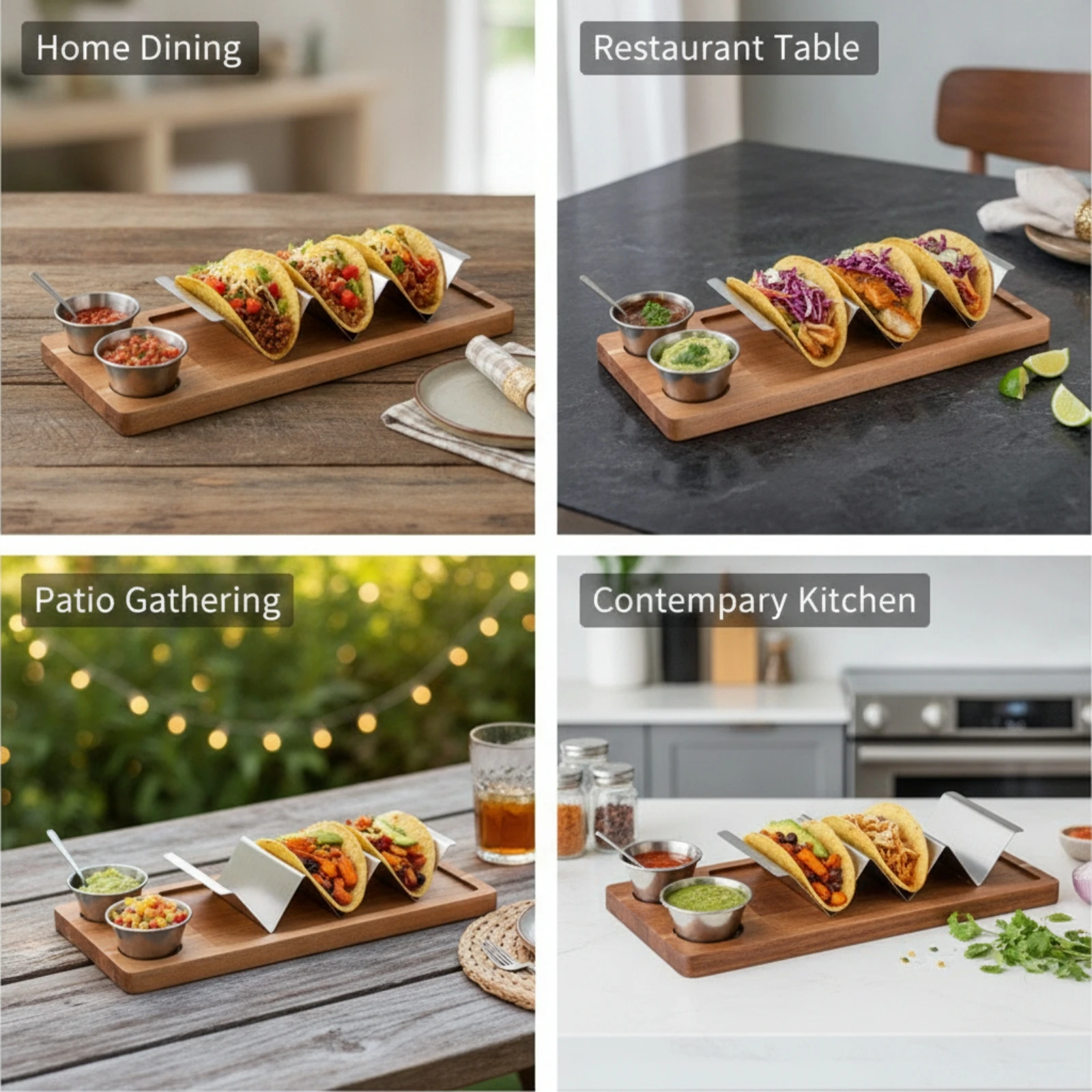 

Taco Serving Set with Spoons Wooden Taco Bar Serving Set with Condiment Containers Stainless Steel Rectangular for Hosts