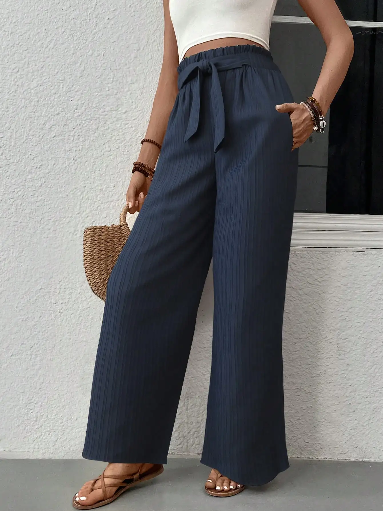 

Женские широкие брюки с завязками на талии, однотонные, повседневные, летние