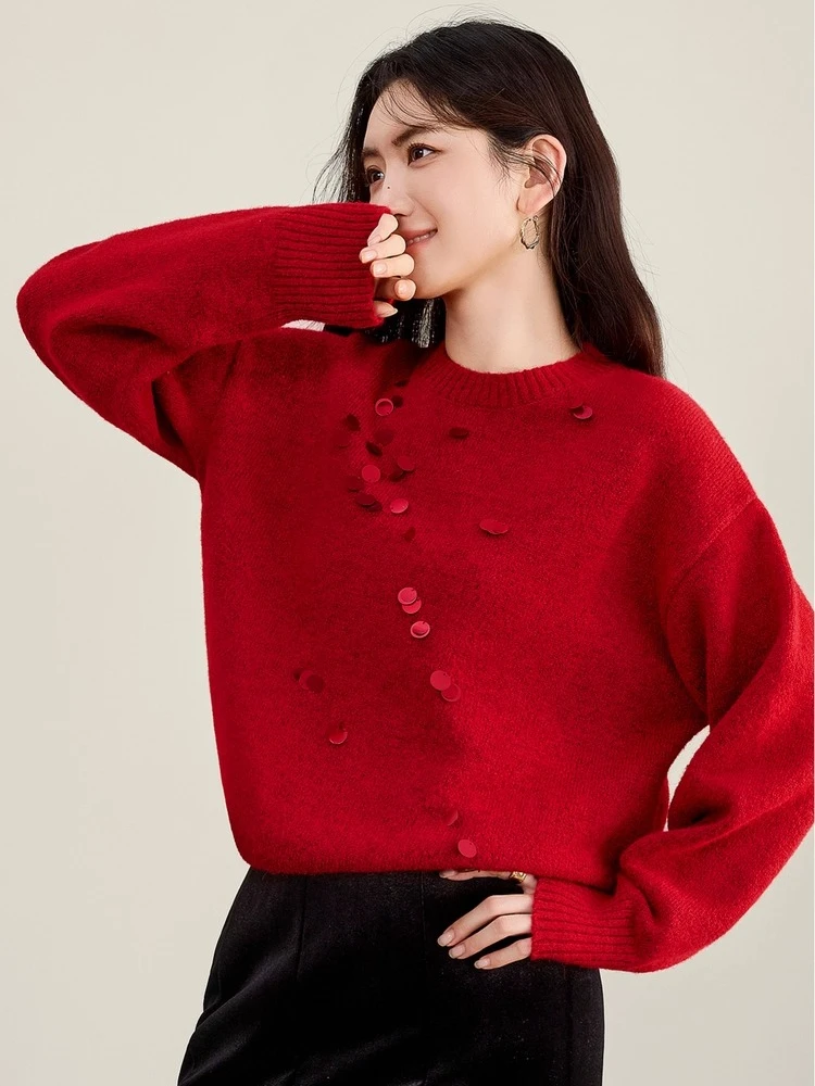 

SENTUBILA зимний вязаный свитер для женщин 2025 пуловер с круглым вырезом и длинными рукавами модный дизайн с блестками однотонная женская одежда W54EE3142