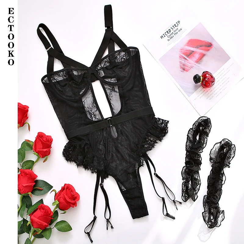 ECTOOKO 2022 Embroidery Floral Backless Sexy Mesh Sheer See Through One-piece Rompers Women Sexy Lingerie Slim Bodysuit Babydoll