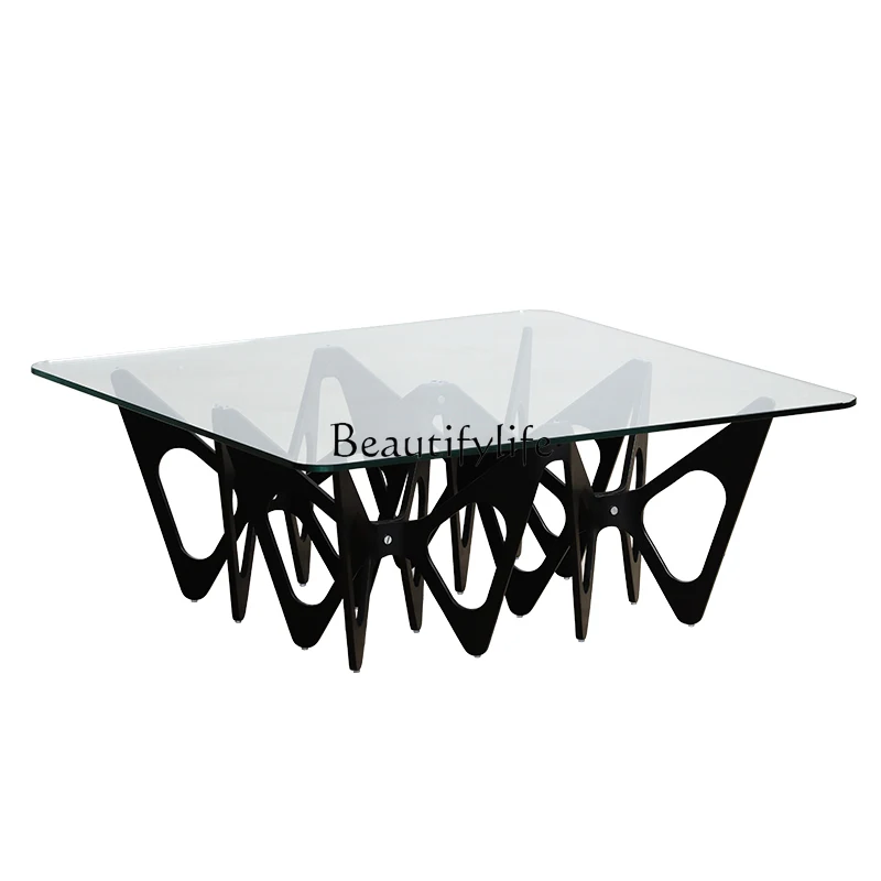 Nordic Italian Minimalist Tempered Glass Living Room Square Coffee Table Oak Black Wooden Handicraft