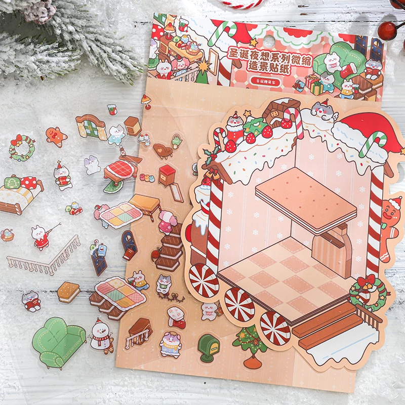3 قطع من بطاقات عاشق [سلسلة الأحلام الليلية لعيد الميلاد من فئة حديقة الحيوان] ملصقات مناظر طبيعية مقاومة للماء ثلاثية الأبعاد تتميز بيت خبز الزنجبيل الثلجي