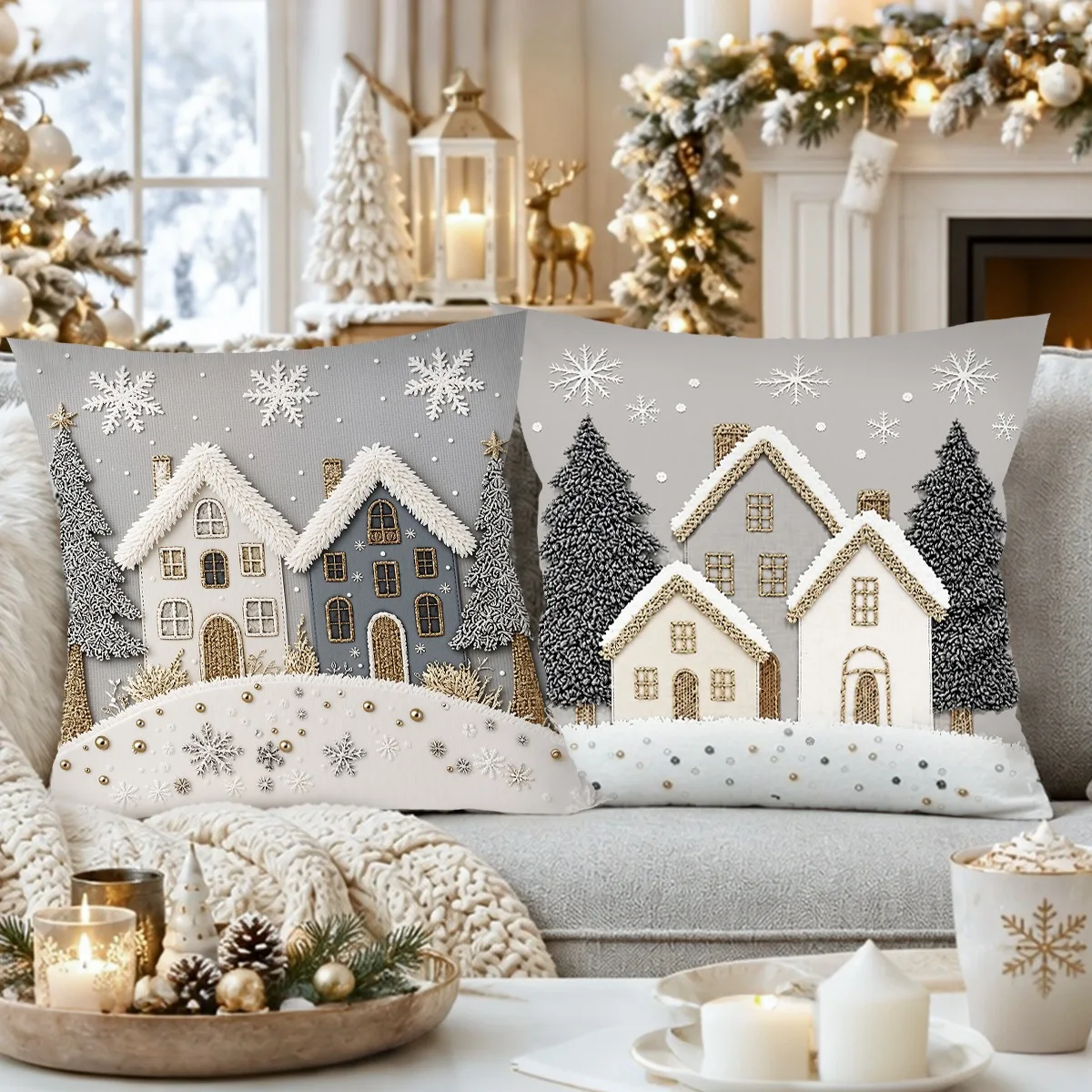 2pcs Grey Christmas Throw Pillow Cover Snow House Tree Decorative Pillowcase for Sofa Bed Cushion Christmas Home Decor No Core
