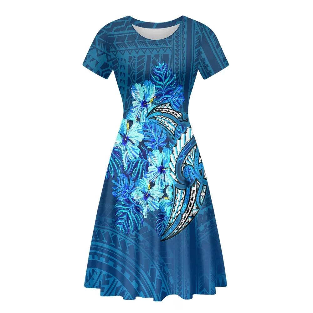 Casual Short Sleeve Crewneck Women Dress Polynesian Hawaiian Tribal Gold Chain Hibiscus Dresses Custom Sublimation Skirt 2022