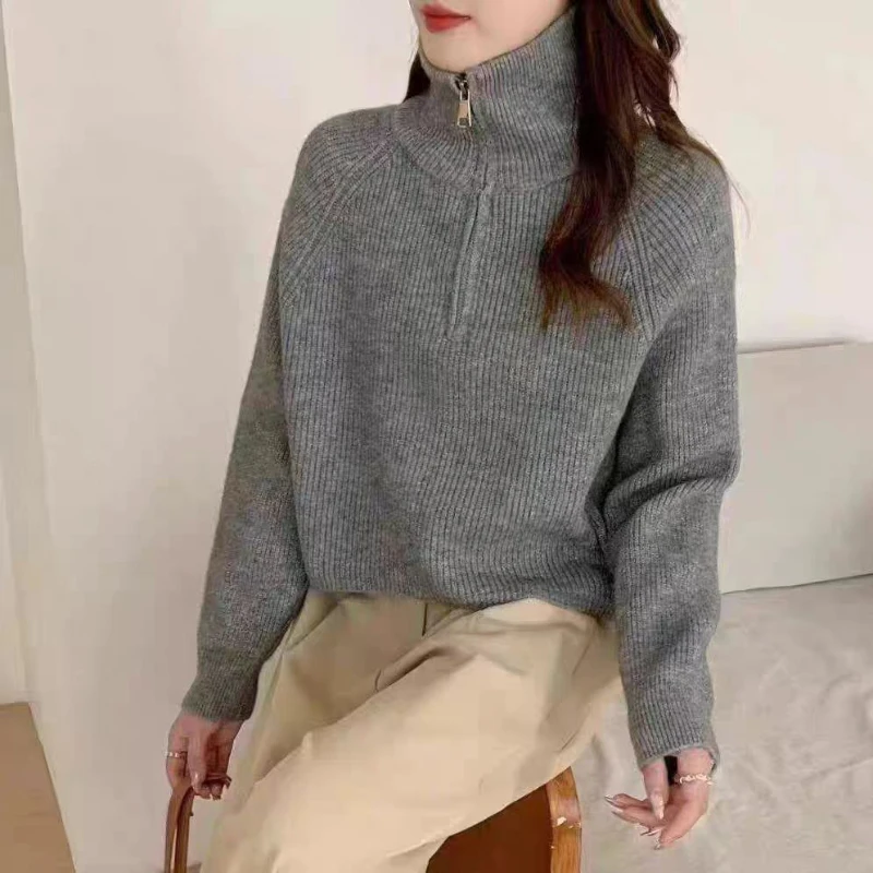 New Semi-turtleneck Zipper Knitwear Women Cashmere Autumn Winter Soild Color Loose Sweater Warm Thick Lady Knitted Pullover Coat