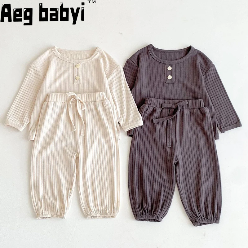 

Korean Baby Cotton Clothing Sets Elasticity Two-piece Waffle Loose Cotton Kids Boys Girls Clothes Sets Casual Tops +Pants