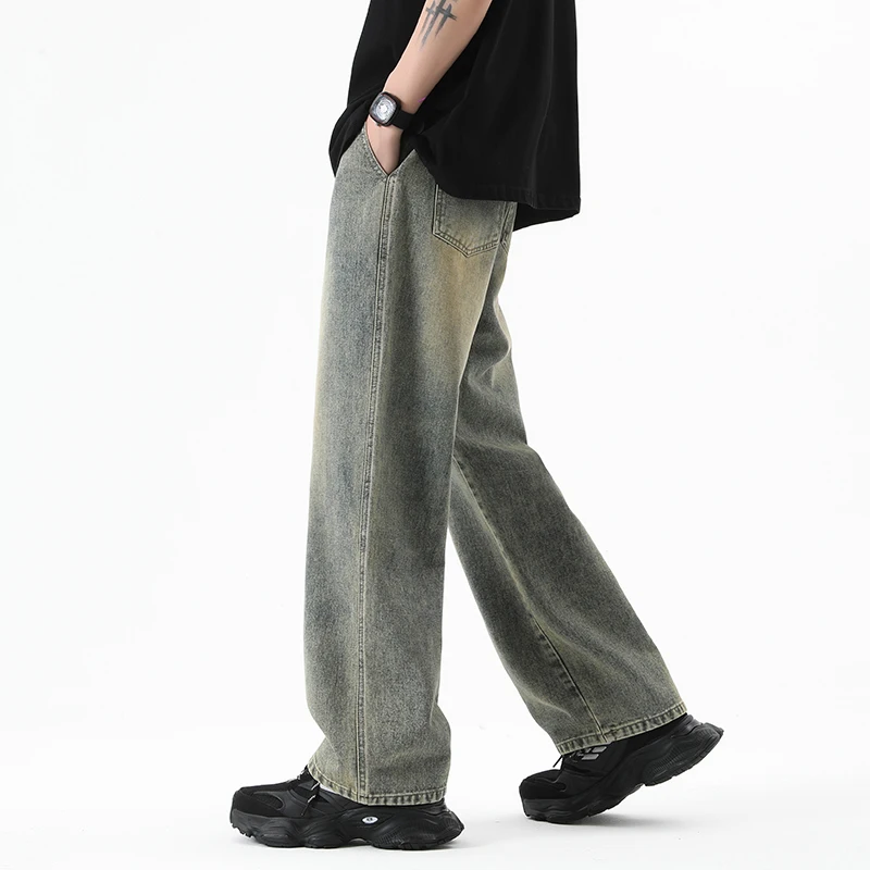 

2026 Spring Autumn Dragging Streetwear Loose Jeans Men Korean Style Fashion Loose Straight Wide Leg Pant Men's Brand Clothing