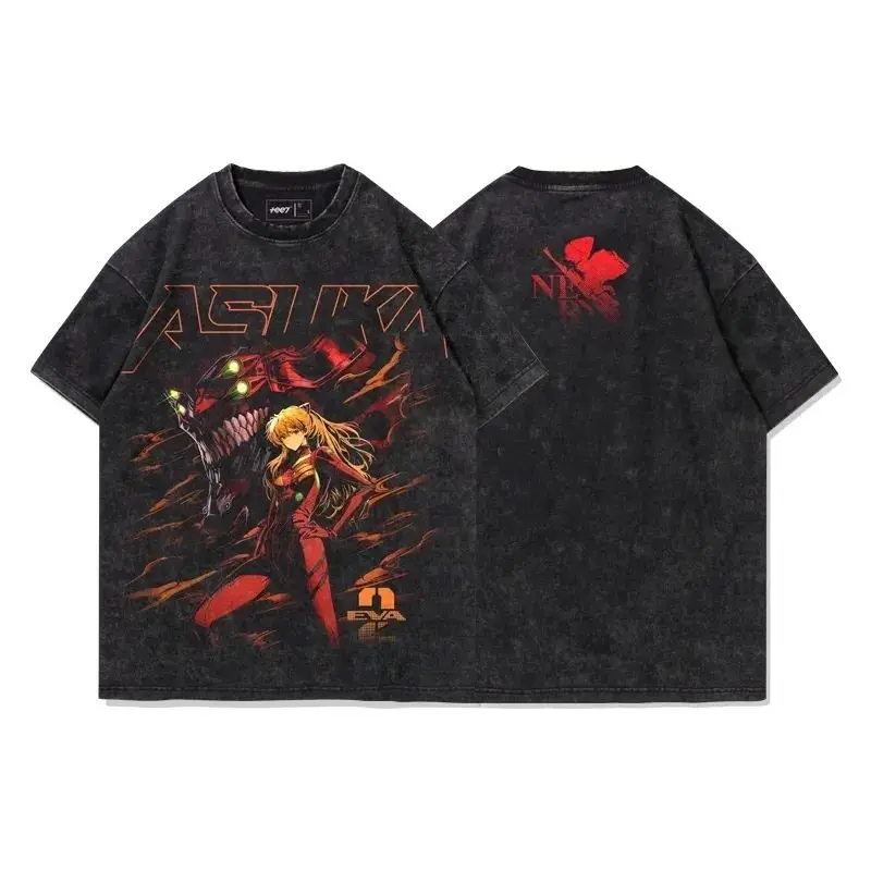 

New Century Evangelion EVA Asuka Anime Short Sleeved T-shirt Men's American Retro Loose Washed Cotton Top