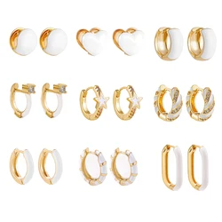 Trendy White Enamel Round Earring Hoops for Women CZ Zircon Geometric Star Heart Huggie Earring Party Jewelry Gifts