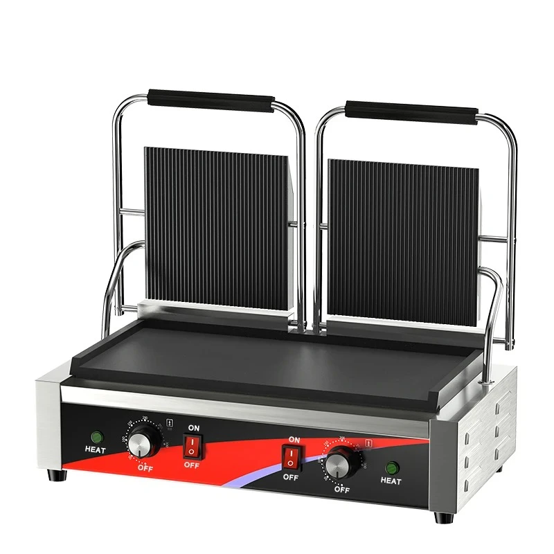 Máquina para hacer tortitas y sándwiches de doble cara para restaurante, máquina eléctrica de ingredientes de hierro fundido liso semen relieve tipo contacto