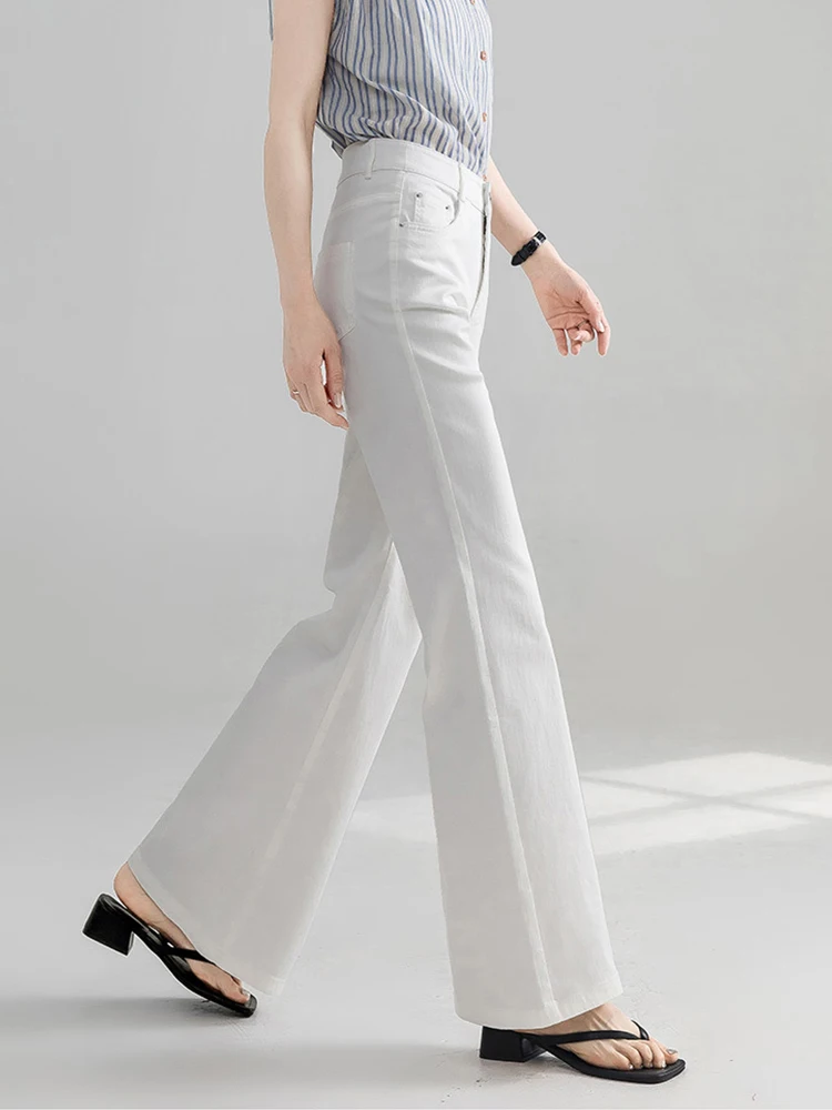 Roupas femininas retro casual branco jeans cintura alta calça longa elegante senhora denim flares calças mujer moda commute novo