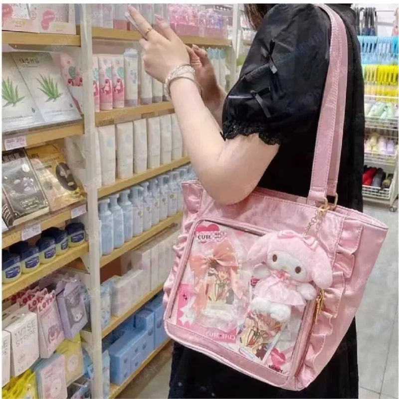 

JIAERDI милая милая плиссированная сумка-тоут женская атласная розовая сумка на плечо большой вместимости женская аниме значок прозрачная сумка Ita 2023 Новинка