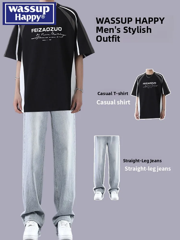 

Wassup Happy Casual Sportswear ort Sve Men's Set Summer 2026 New Sle Teenage Cotton Long Pants Two-Piece Suit