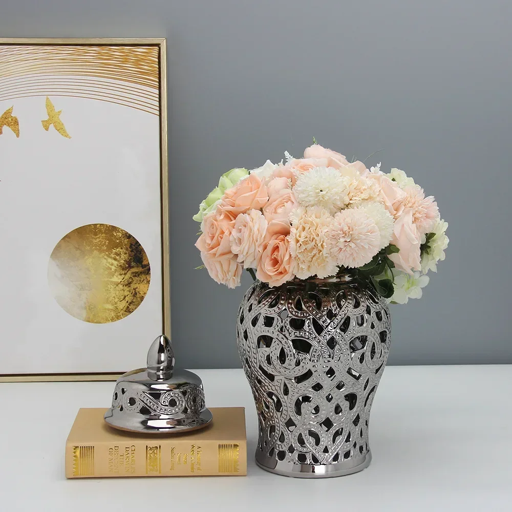 

AZ Chinese style silver-plated ceramic hollow universal jar home decoration living room desktop vase universal storage jar with