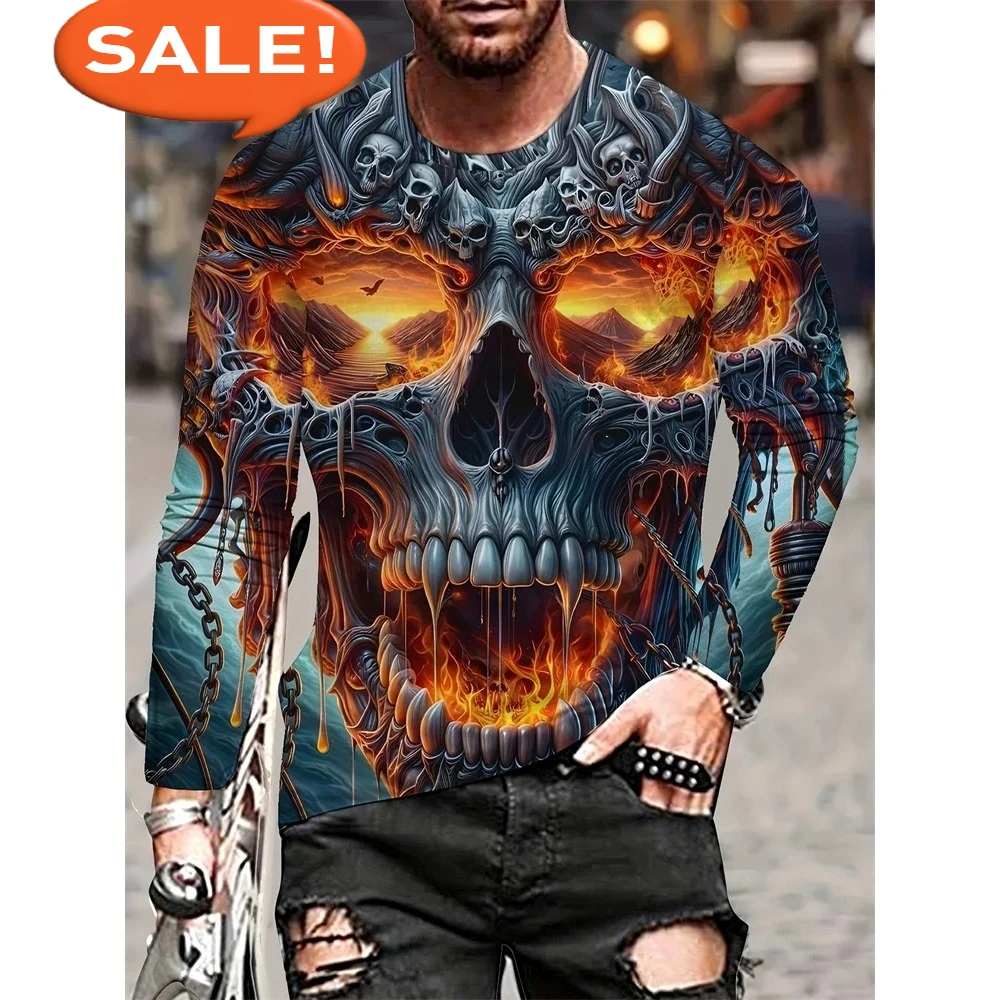

Skull Print T shirt Men Round Neck Men's Long Sleeve T-shirt Casual Men's Clothing T-shirts for Men Skull Graphic Y2K Tops