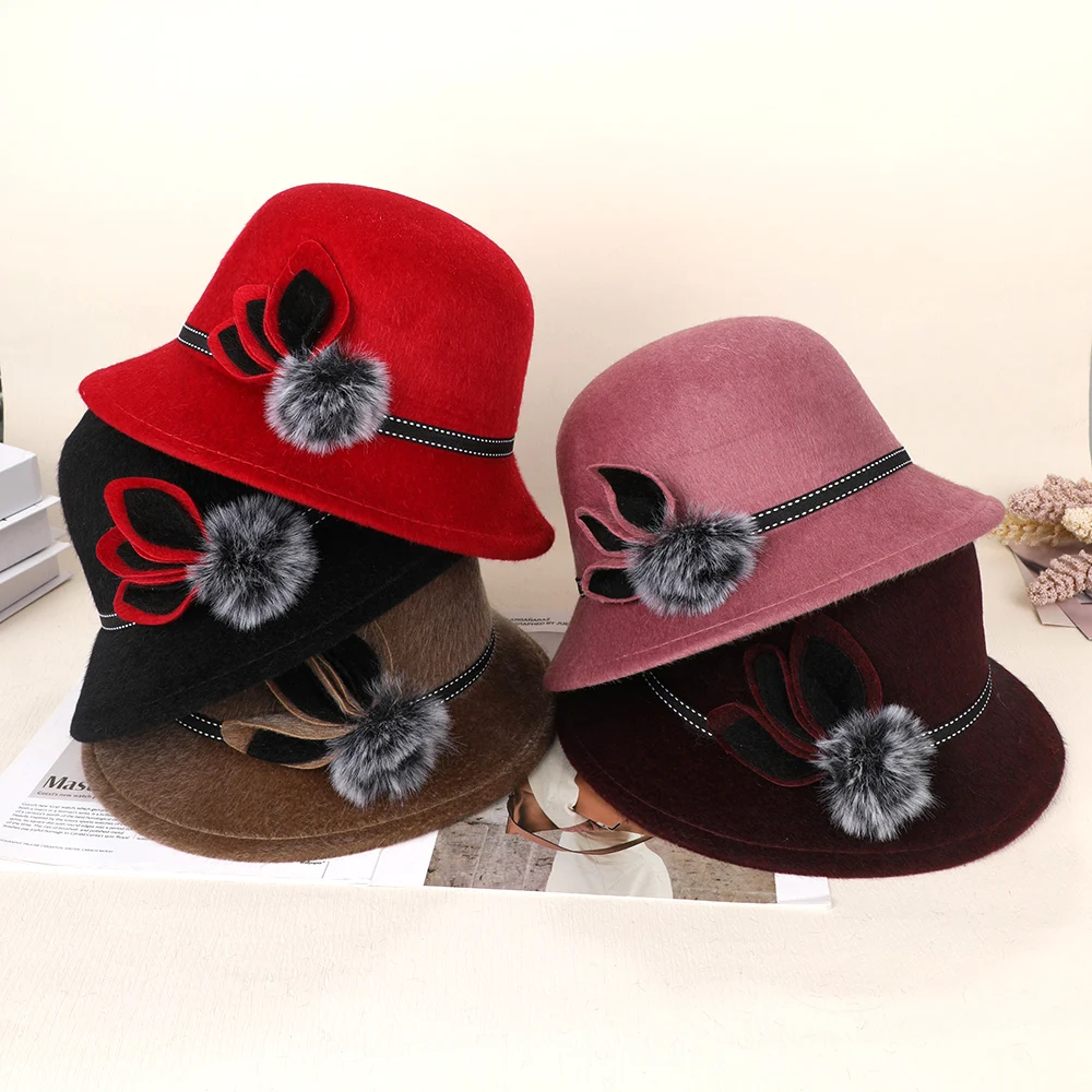 Vintage Elegant Fedoras Cap With Flower Ladies Dome Hat Autumn Winter Wool Hats Sun Hat Casual Basin Hat Bowler Hat Version